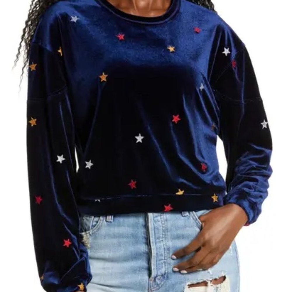 Row A Star Embroidered Stretch Velvet Sweatshirt In Navy Size Large L NEW